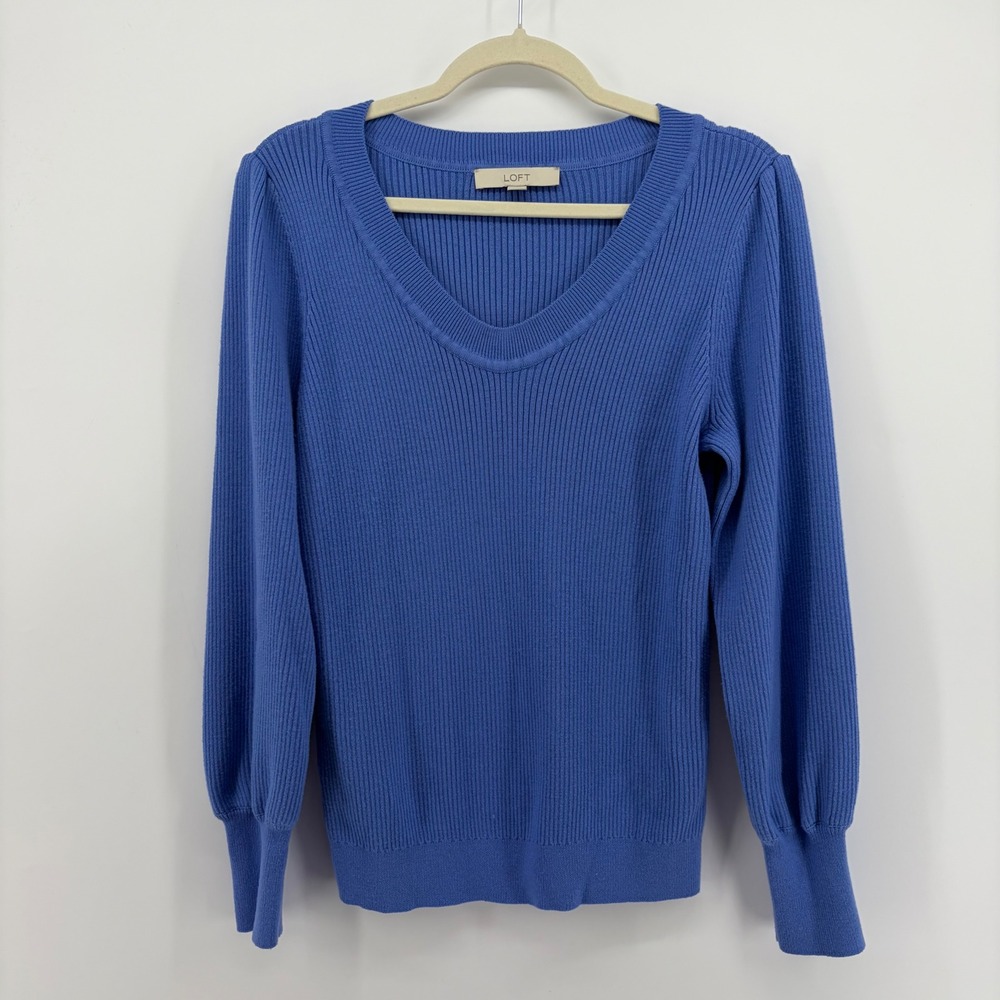 LOFT Womens Medium Blue V-Neck Sweater Ribbed Puff Shoulder Long Sleeve
